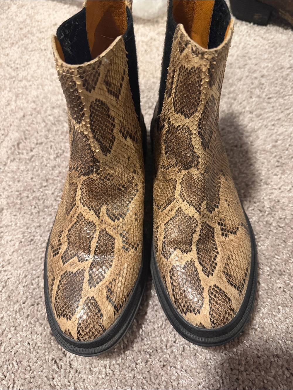 Lucky Brand Tan and Brown Snake-Print Chelsea Booties